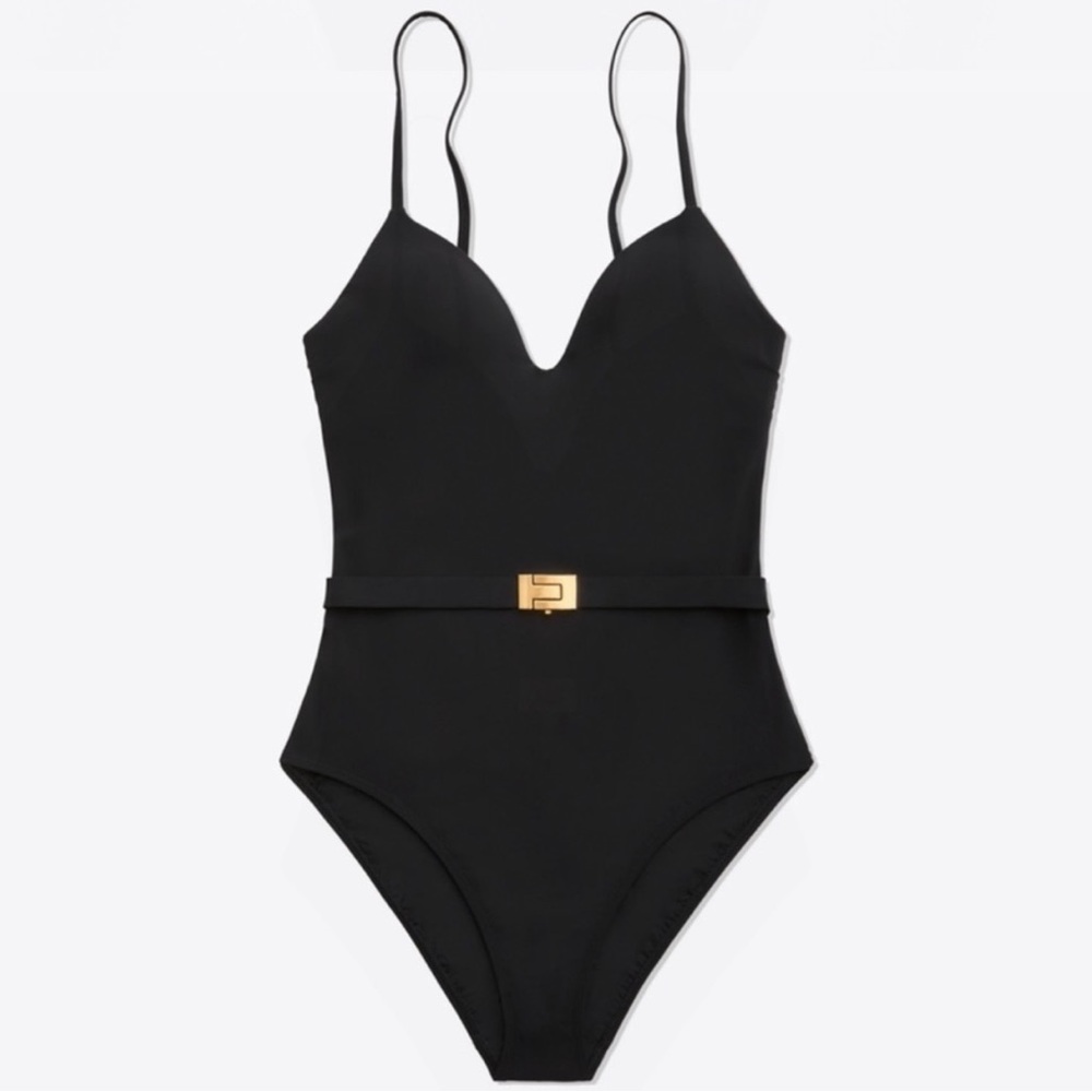 Tory Burch T Belt Gold Logo One Piece Swimsuit Black